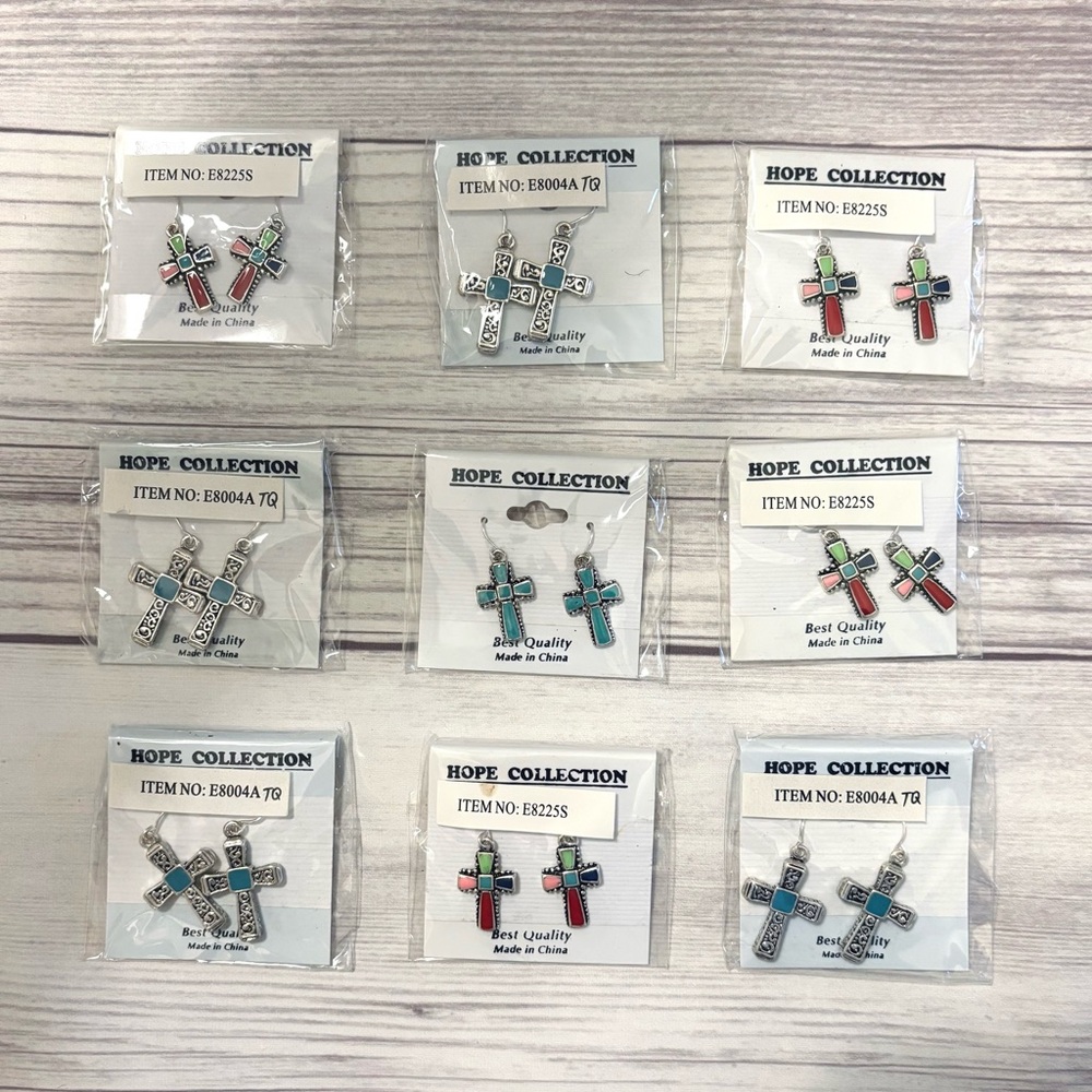 Lot of 9 Pairs Dangly Earrings Christian Cross Hope Collection Silver Tone